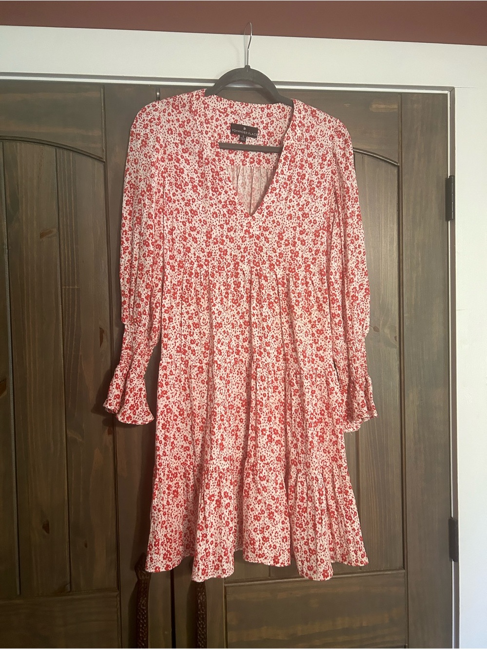 Pomander Place Red and White Floral Tiered V-Neck Long Sleeve Dress